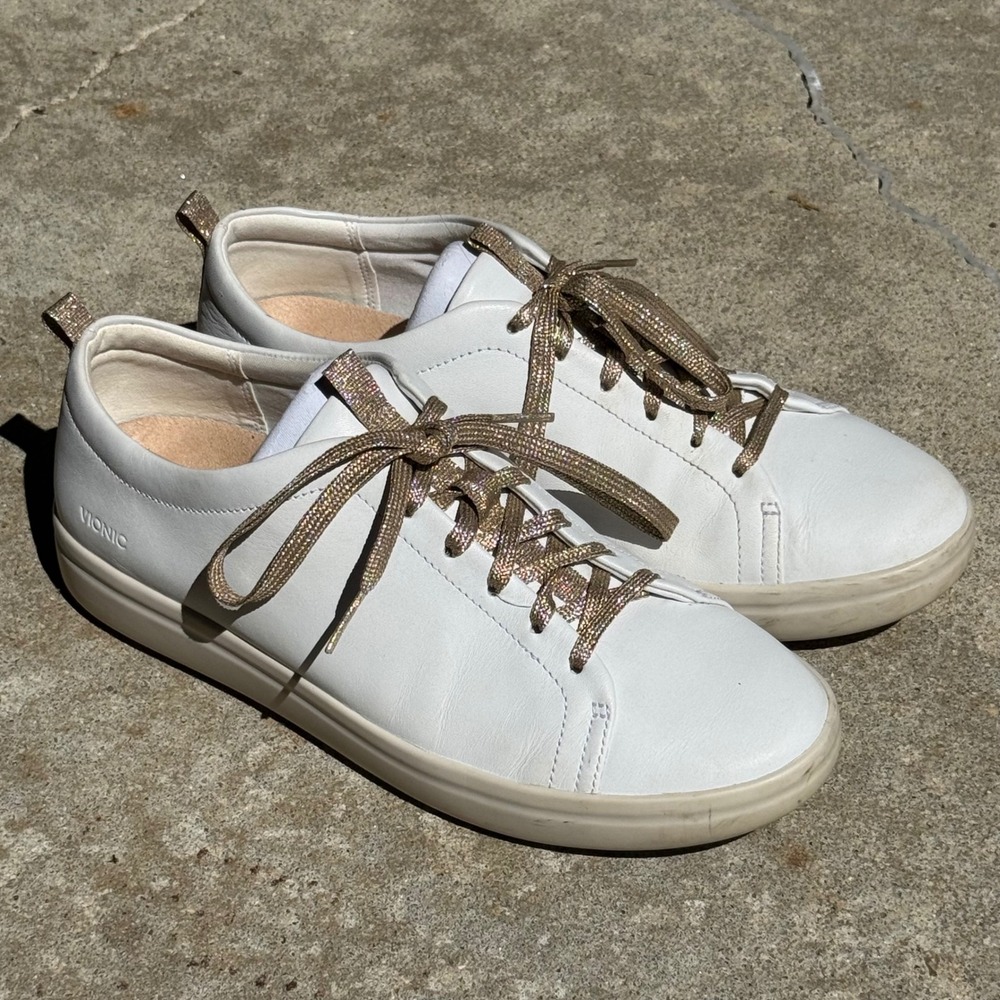 Vionic Winny White Leather Low Top Sneakers Metallic Gold Lace Up Womens 9 Shoes